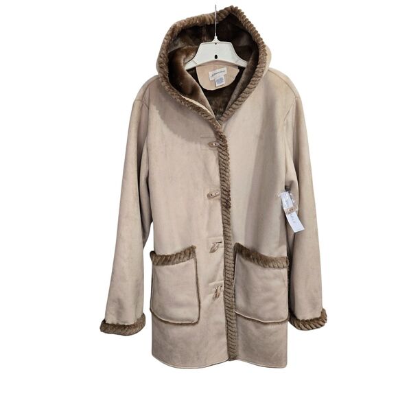 St John Bay Coat Faux Suede womens XL Eskimo Toggle Spiral Fur Trim Hood Tan NEW - Picture 1 of 13
